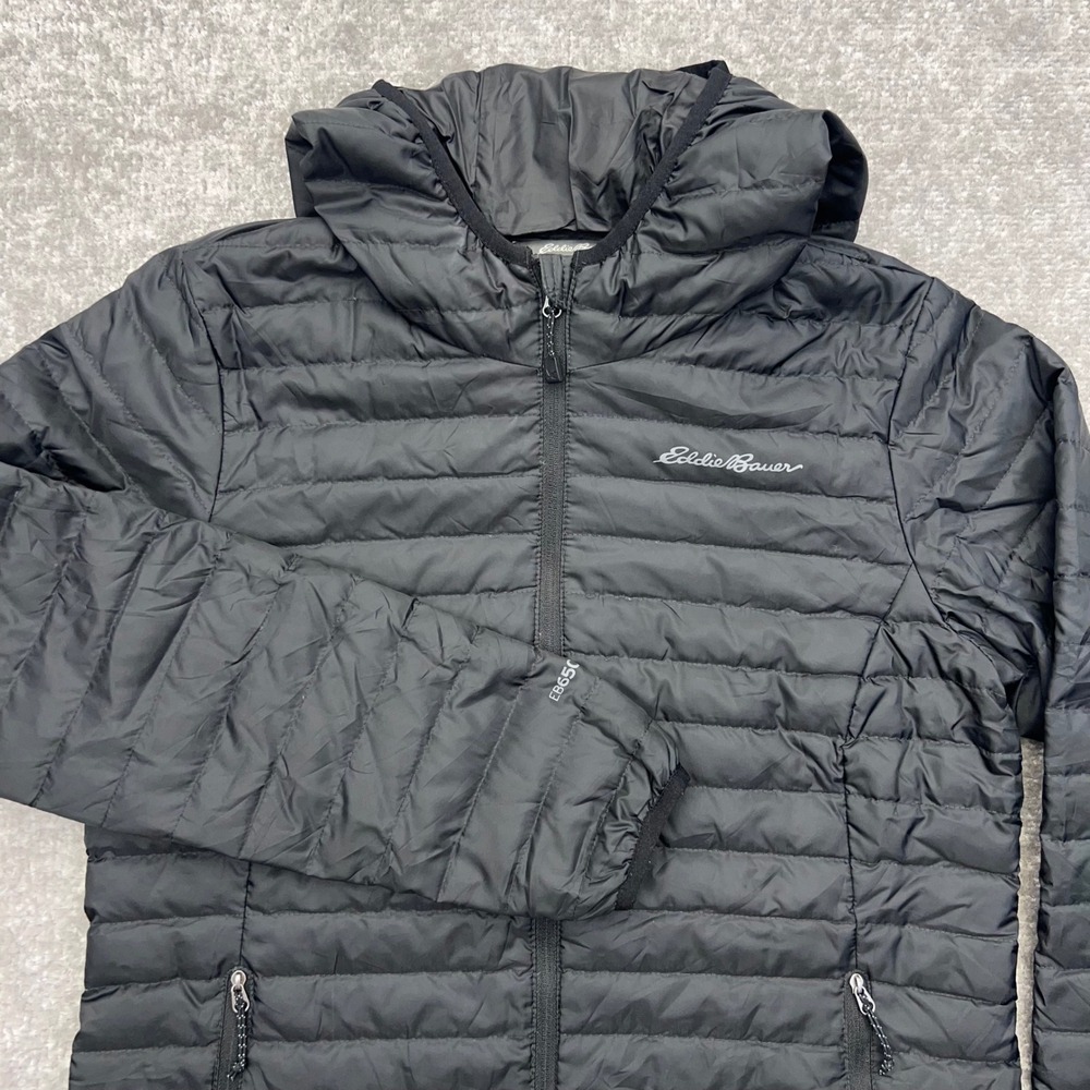 Eddie Bauer Down Puffer Jacket Women Small Packable Hooded Black EB650 Quilted
